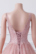 Girls Sequins V neck Dusty Rose Formal Prom Dresses A-line Tulle Ball Gown Quinceanera Dresses Sweet 16 Party Dresses