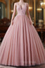 Girls Sequins V neck Dusty Rose Formal Prom Dresses A-line Tulle Ball Gown Quinceanera Dresses Sweet 16 Party Dresses