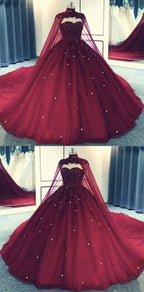 Glam Ball Gown Quinceanera Dresses Lace Applique Beaded Cape, Wine Red Formal Dresses Party Gowns