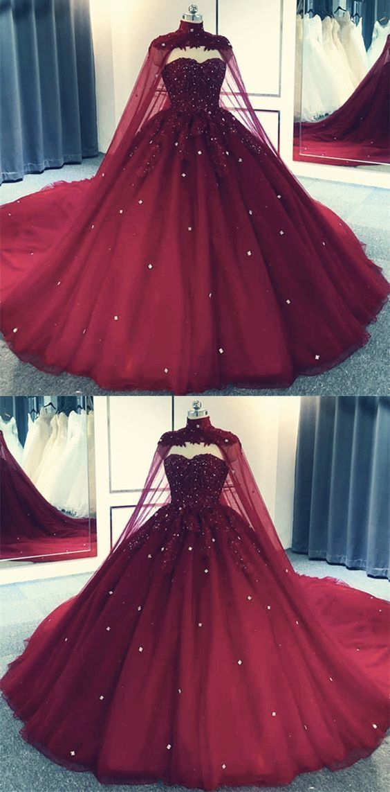 Glam Ball Gown Quinceanera Dresses Lace Applique Beaded Cape, Wine Red Formal Dresses Party Gowns