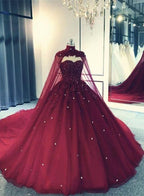 Glam Ball Gown Quinceanera Dresses Lace Applique Beaded Cape, Wine Red Formal Dresses Party Gowns