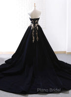 Glam Black Velvet Long Formal Gown With Gold Lace, Black Velvet Formal Prom Dresses Formal Dresses