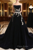 Glam Black Velvet Long Formal Gown With Gold Lace, Black Velvet Formal Prom Dresses Formal Dresses
