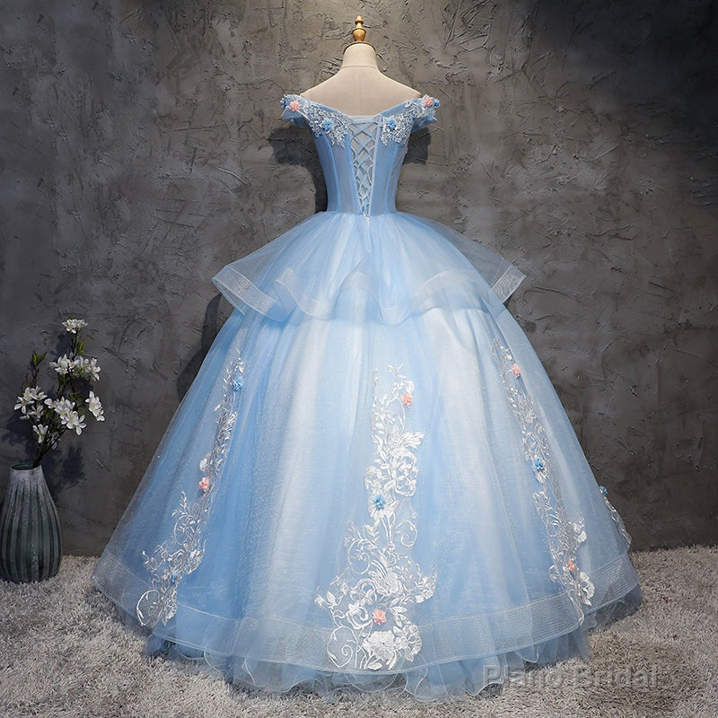 Glam Blue Ball Gown Tulle with Lace and Flowers Sweet 16 Dress, Blue Formal Dress Main image