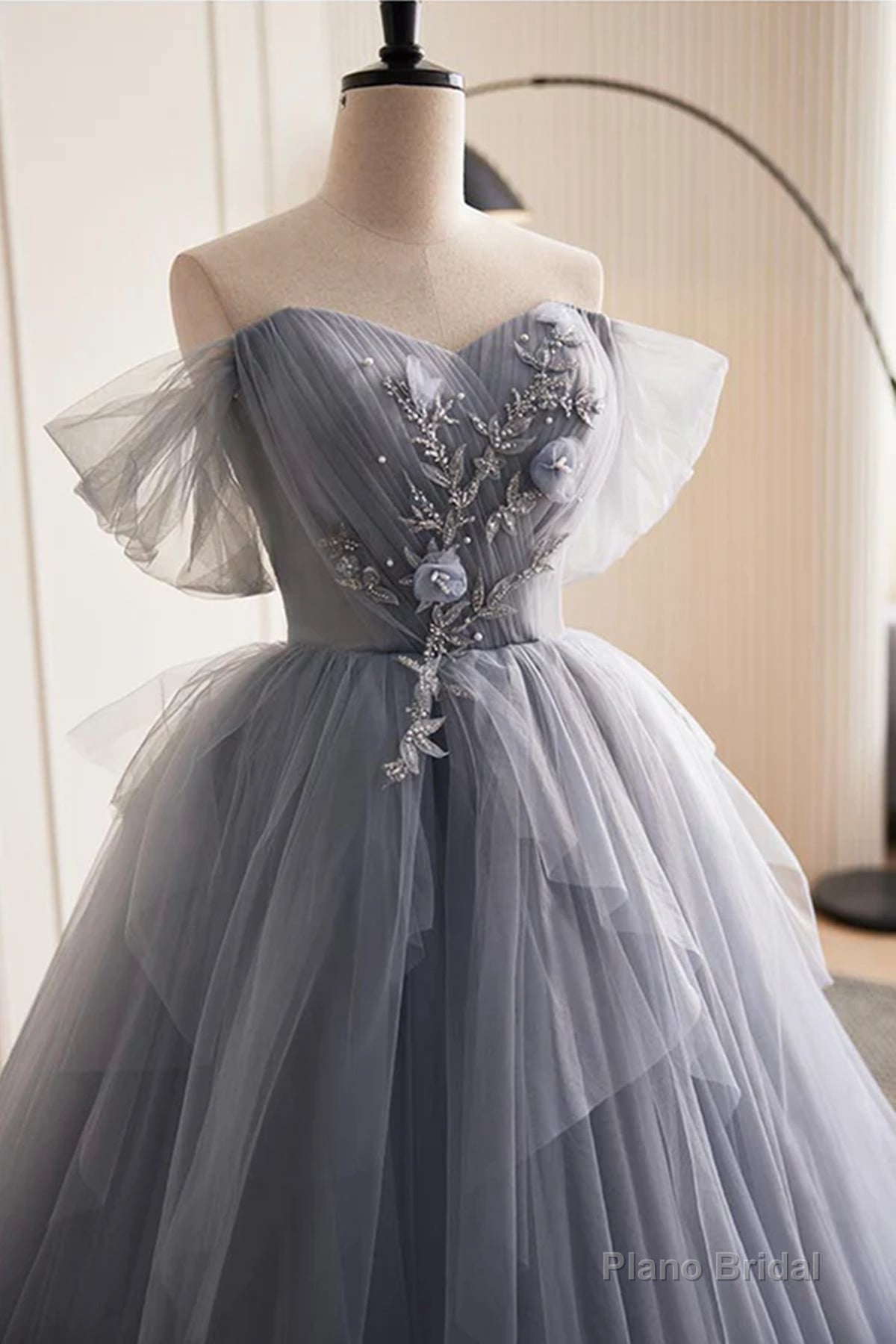 Glam Blue-Grey Tulle with Lace Applique Long Party Dress, Tulle Formal Dress Evening Gown Secondary image