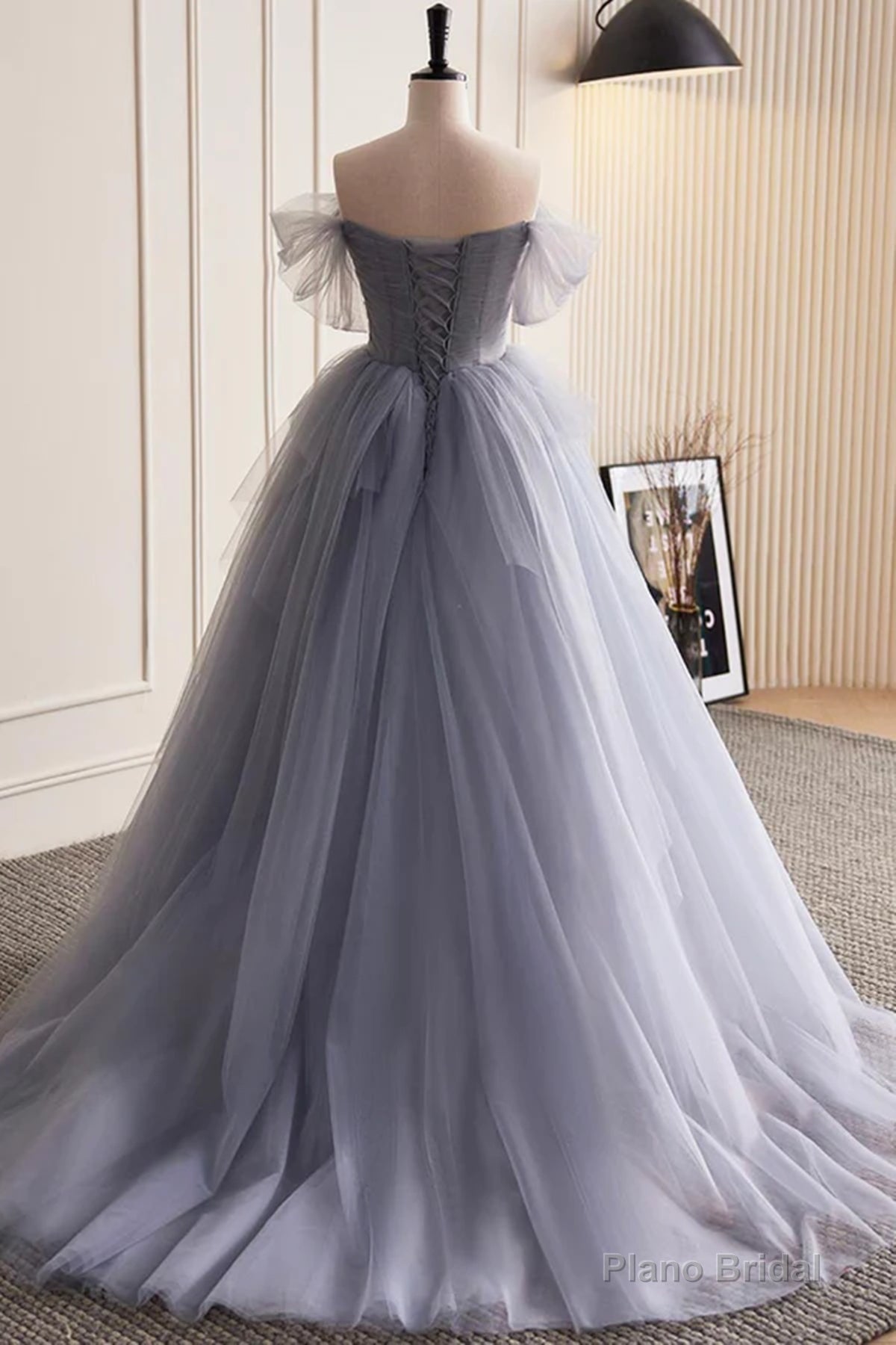 Glam Blue-Grey Tulle with Lace Applique Long Party Dress, Tulle Formal Dress Evening Gown Main image