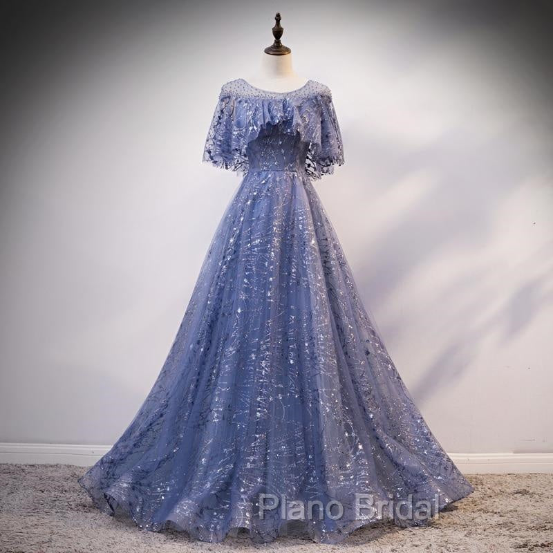 Glam Blue Off Shoulder Lace-up Long Evening Dressess Party Dresses, Blue Wedding Party Dresses Formal Prom Dresses