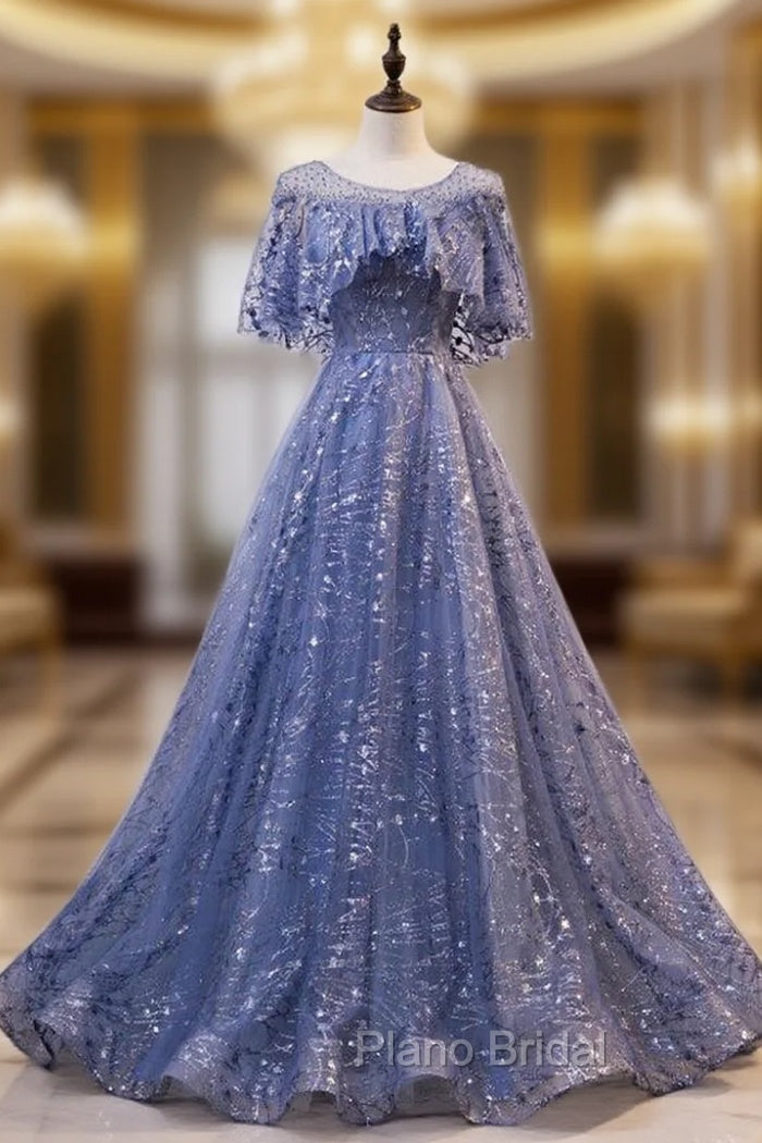 Glam Blue Off Shoulder Lace-up Long Evening Dressess Party Dresses, Blue Wedding Party Dresses Formal Prom Dresses Main image