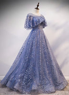 Glam Blue Off Shoulder Lace-up Long Evening Dressess Party Dresses, Blue Wedding Party Dresses Formal Prom Dresses