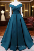 Glam Blue Satin Long Off Shoulder Party Dresses, A-line Formal Prom Dresses