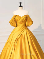 Glam Gold Satin Ball Gown Floor Length Formal Dresses, Gold Formal Prom Dresses Party Dresses