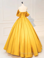 Glam Gold Satin Ball Gown Floor Length Formal Dresses, Gold Formal Prom Dresses Party Dresses