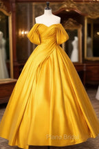 Glam Gold Satin Ball Gown Floor Length Formal Dresses, Gold Formal Prom Dresses Party Dresses