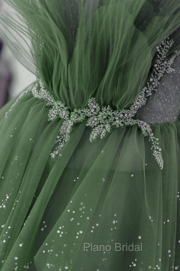 Glam Green Layers Tulle Straps Beaded Long Party Dresses, Green Long Formal Dresses Secondary image