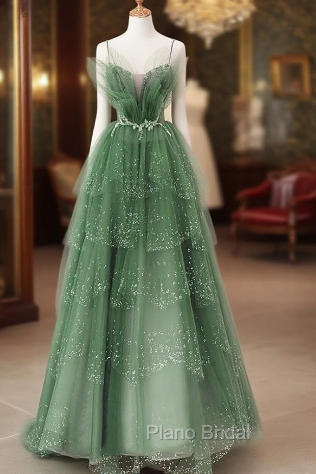 Glam Green Layers Tulle Straps Beaded Long Party Dresses, Green Long Formal Dresses
