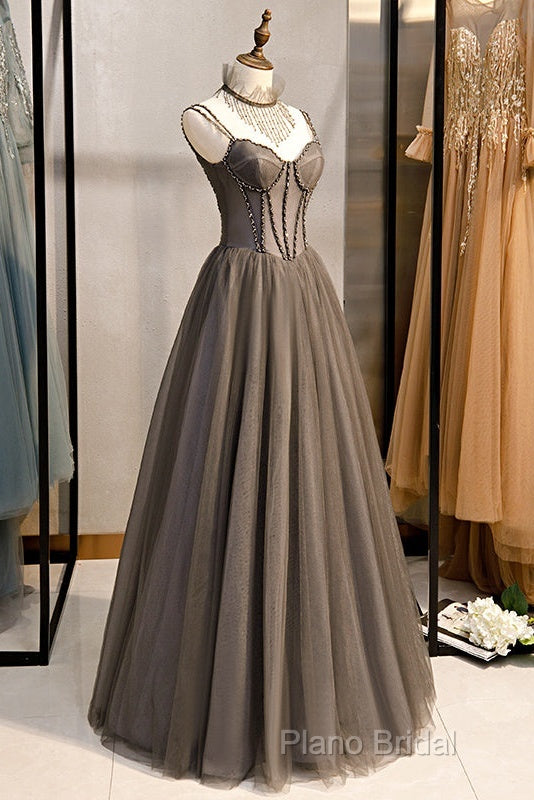 Glam Grey Beaded Tulle Long Formal Dresses Party Dresses, A-Line Straps Formal Dresses Secondary image