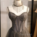 Glam Grey Beaded Tulle Long Formal Dresses Party Dresses, A-Line Straps Formal Dresses