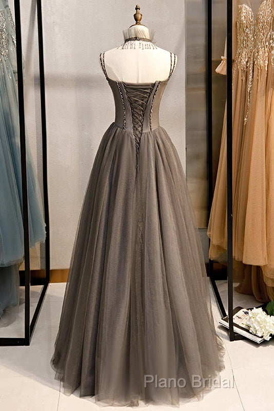 Glam Grey Beaded Tulle Long Formal Dresses Party Dresses, A-Line Straps Formal Dresses