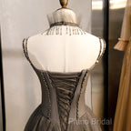 Glam Grey Beaded Tulle Long Formal Dresses Party Dresses, A-Line Straps Formal Dresses