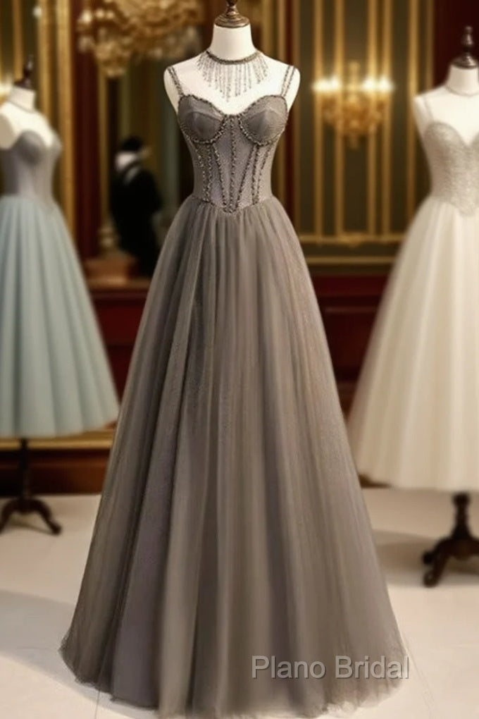 Glam Grey Beaded Tulle Long Formal Dresses Party Dresses, A-Line Straps Formal Dresses Main image