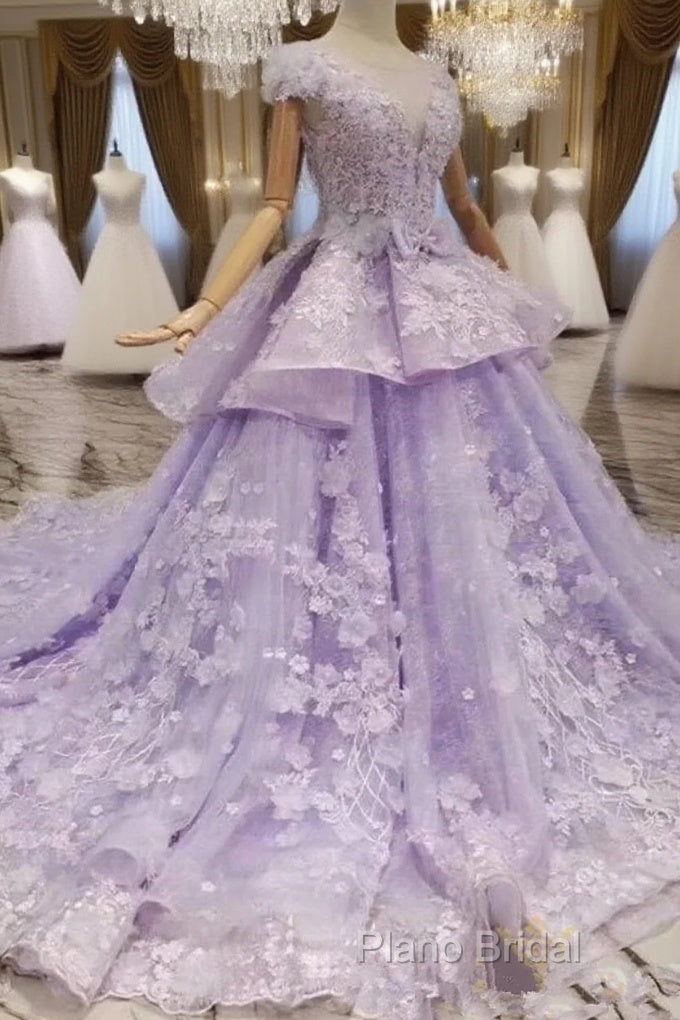 Glam Light Purple Tulle With Lace Applique Sweet 16 Dresses, Light Purple Formal Prom Dresses Main image
