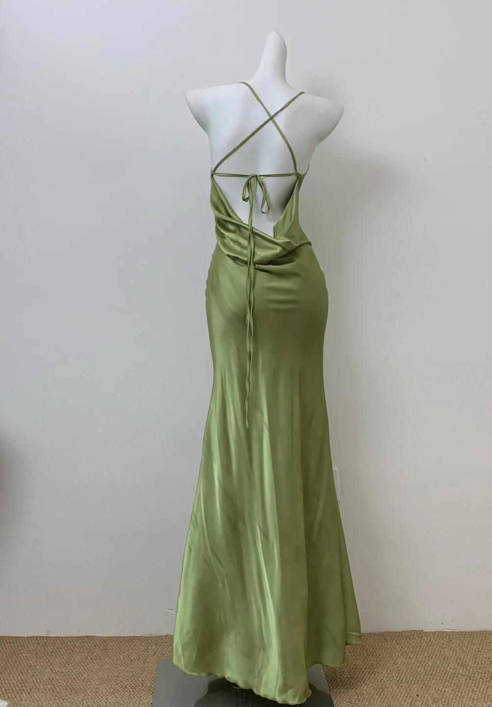 Glam Olive Green Spaghetti Straps Mermaid Satin Long Formal Prom Dresses Formal Evening Gowns With Backless Secondary image