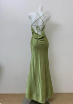 Glam Olive Green Spaghetti Straps Mermaid Satin Long Formal Prom Dresses Formal Evening Gowns With Backless