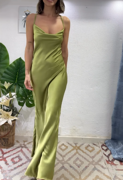 Glam Olive Green Spaghetti Straps Mermaid Satin Long Formal Prom Dresses Formal Evening Gowns With Backless