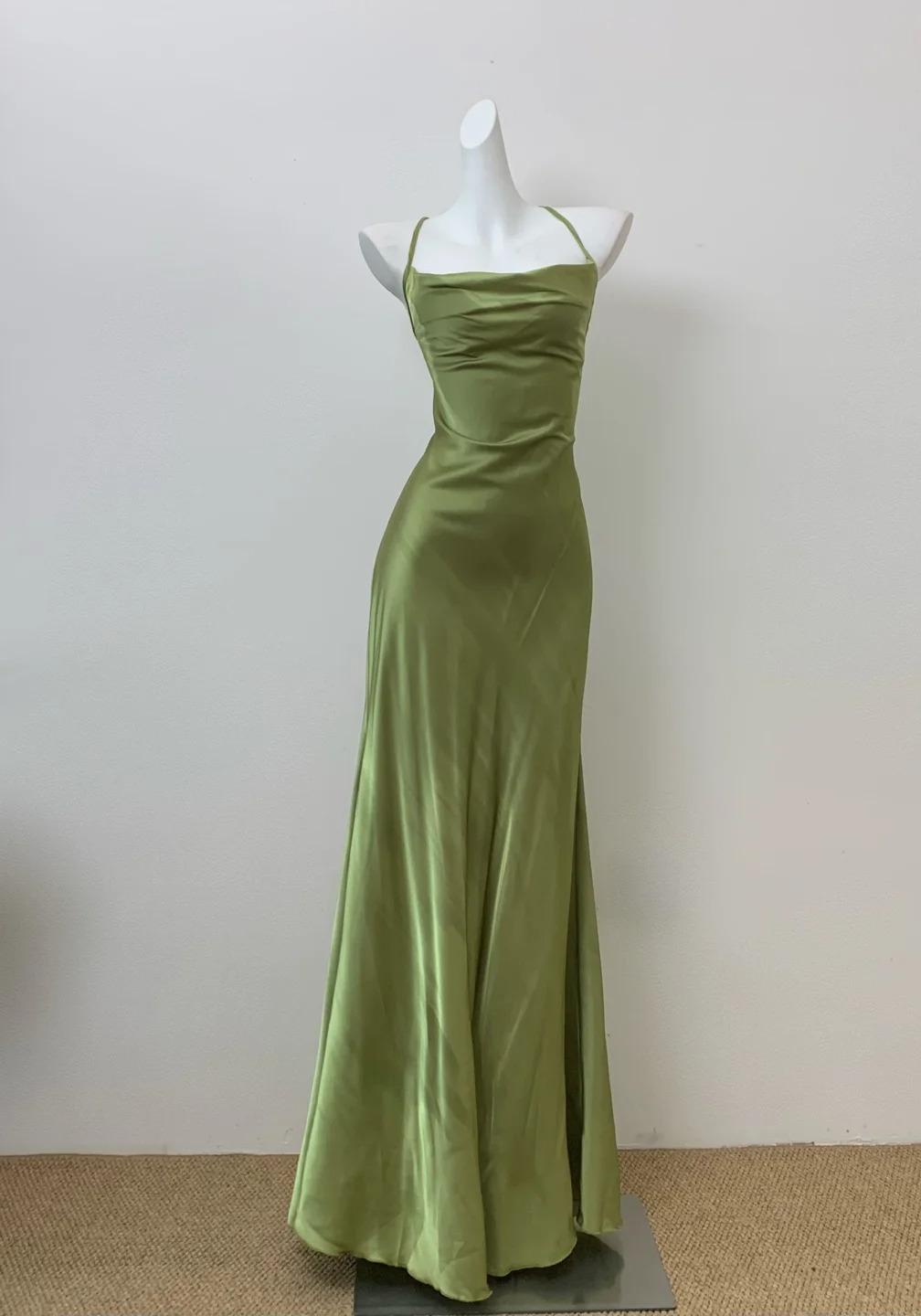 Glam Olive Green Spaghetti Straps Mermaid Satin Long Formal Prom Dresses Formal Evening Gowns With Backless Main image
