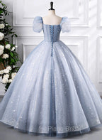 Glam Tulle  Floor Length Formal Prom Dresses, Beautiful Short Sleeves Sweet 16 Dresses
