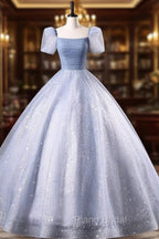 Glam Tulle  Floor Length Formal Prom Dresses, Beautiful Short Sleeves Sweet 16 Dresses