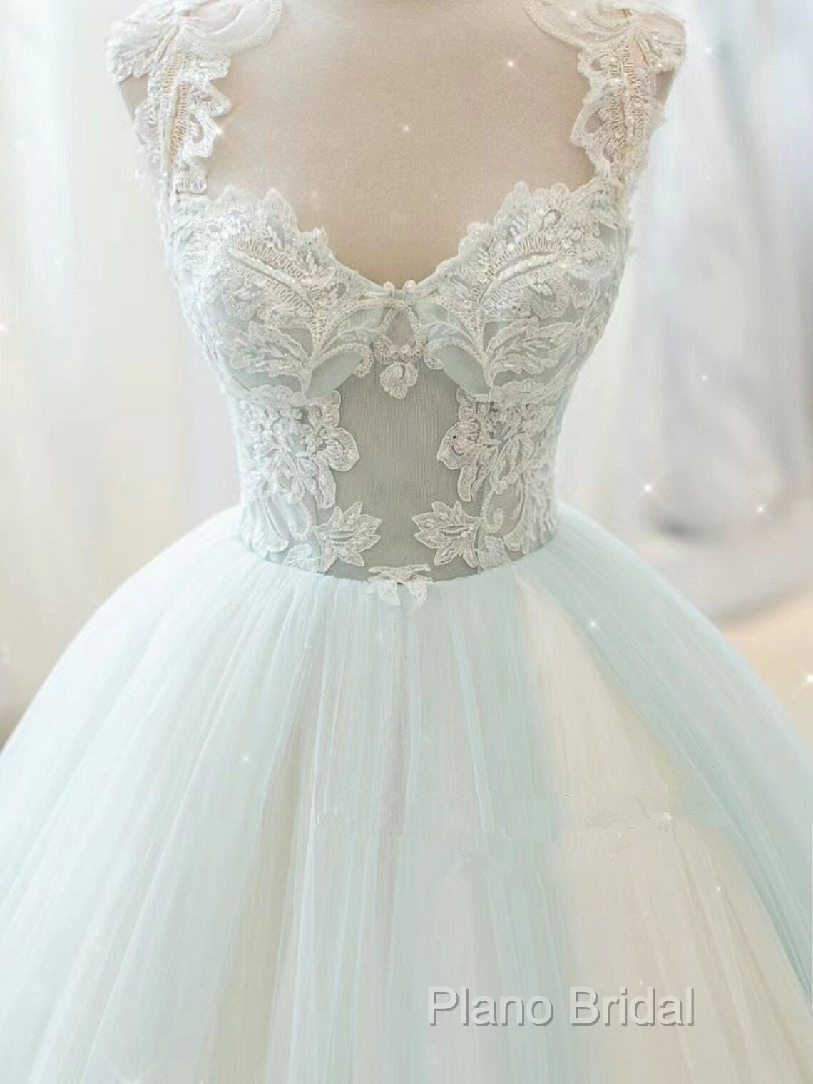 Glam White And Mint Green Tulle With Lace Party Dresses, Straps Formal Dresses Formal Dresses