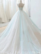 Glam White And Mint Green Tulle With Lace Party Dresses, Straps Formal Dresses Formal Dresses