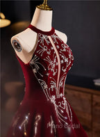 Glam Wine Red Beaded Velvet Halter Evening Dresses, Wine Red Velvet Formal Prom Dresses