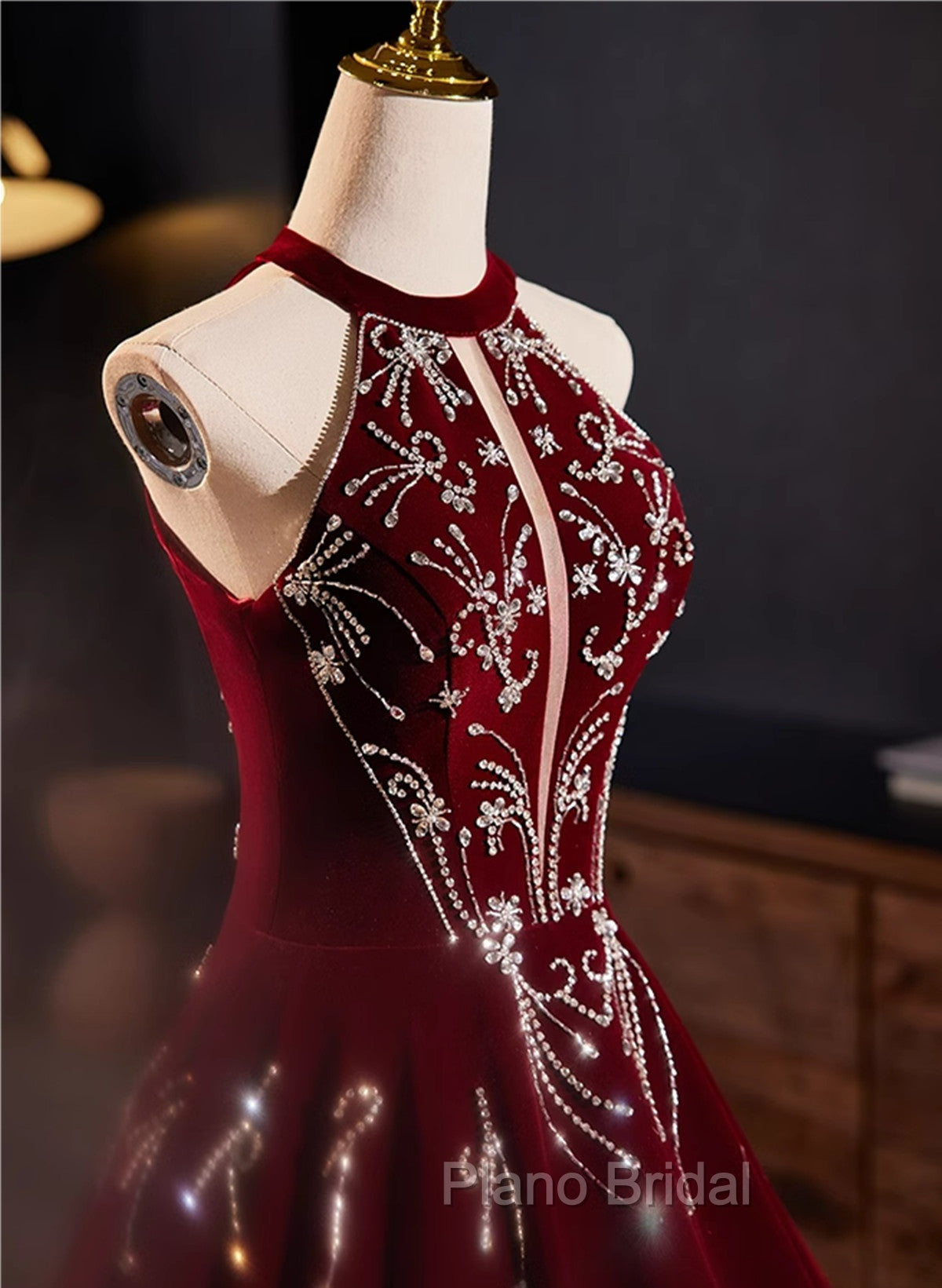 Glam Wine Red Beaded Velvet Halter Evening Dresses, Wine Red Velvet Formal Prom Dresses