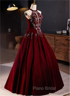 Glam Wine Red Beaded Velvet Halter Evening Dresses, Wine Red Velvet Formal Prom Dresses