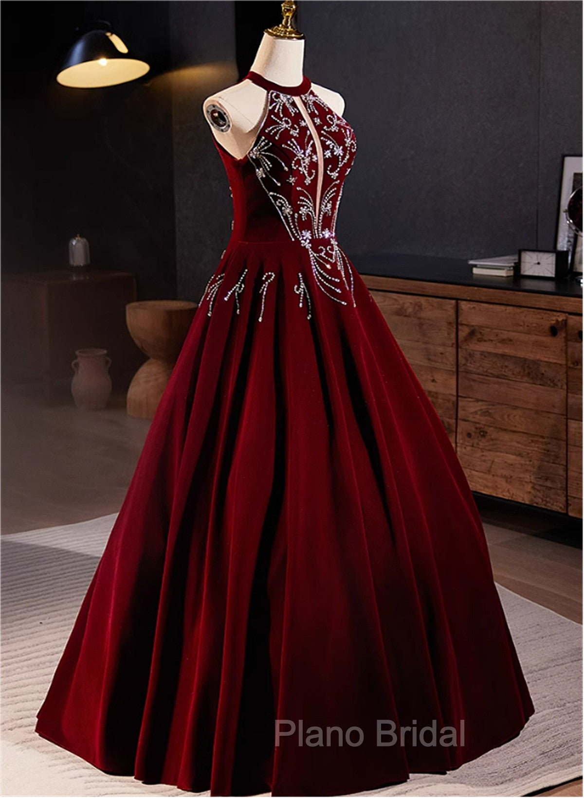 Glam Wine Red Beaded Velvet Halter Evening Dresses, Wine Red Velvet Formal Prom Dresses