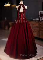 Glam Wine Red Beaded Velvet Halter Evening Dresses, Wine Red Velvet Formal Prom Dresses