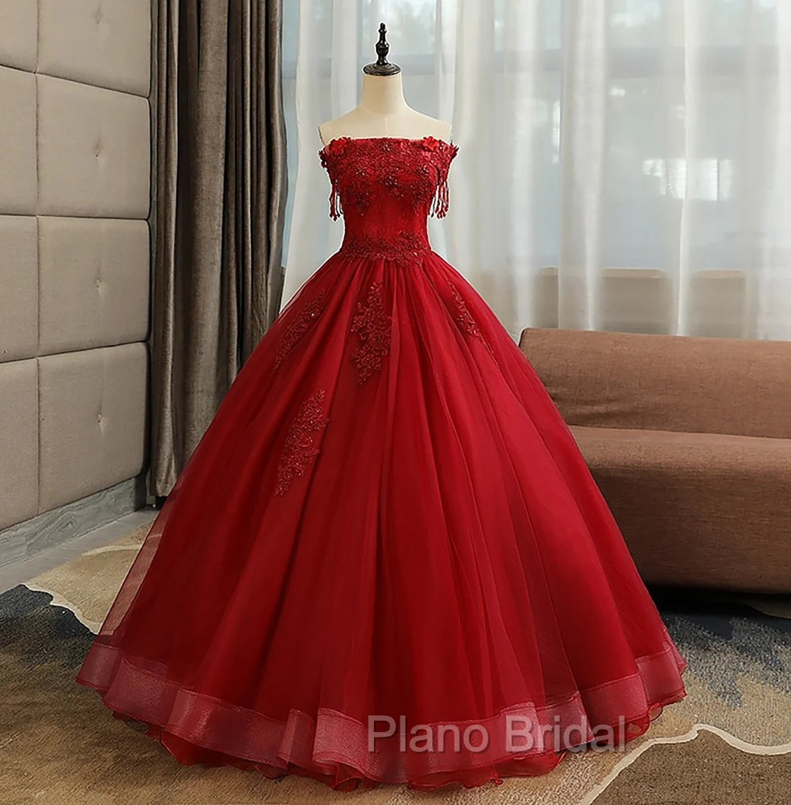 Glam Wine Red Quinceanera Dresses Party Dresses, Tulle Long Embroidered with Flowers Formal Dresses Secondary image