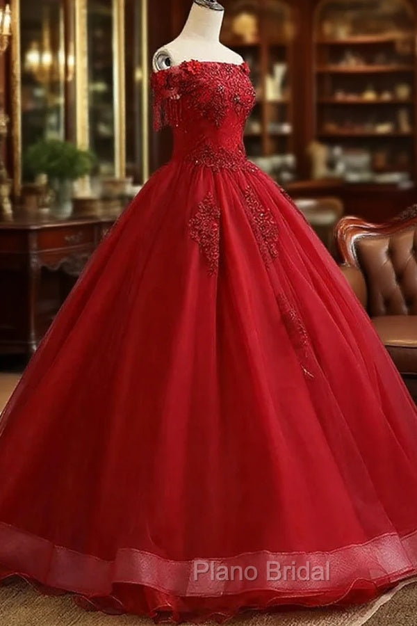 Glam Wine Red Quinceanera Dresses Party Dresses, Tulle Long Embroidered with Flowers Formal Dresses