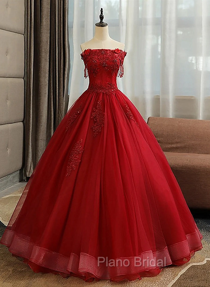 Glam Wine Red Quinceanera Dresses Party Dresses, Tulle Long Embroidered with Flowers Formal Dresses