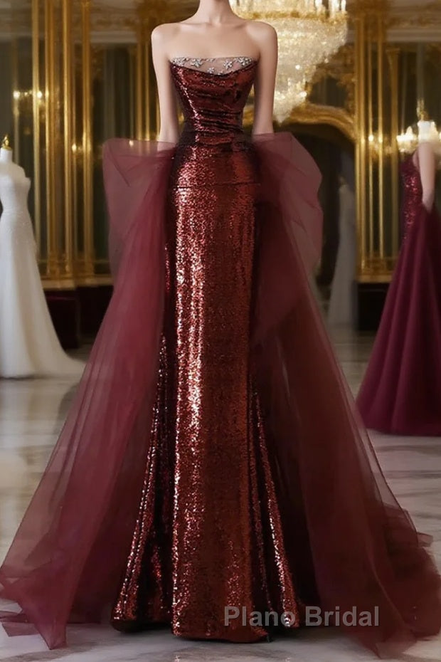 Glam Wine Red Sequins And Tulle Long Party Dress, Wine Red Evening Dress Formal Prom Dress Main image