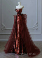 Glam Wine Red Sequins And Tulle Long Party Dress, Wine Red Evening Dress Formal Prom Dress