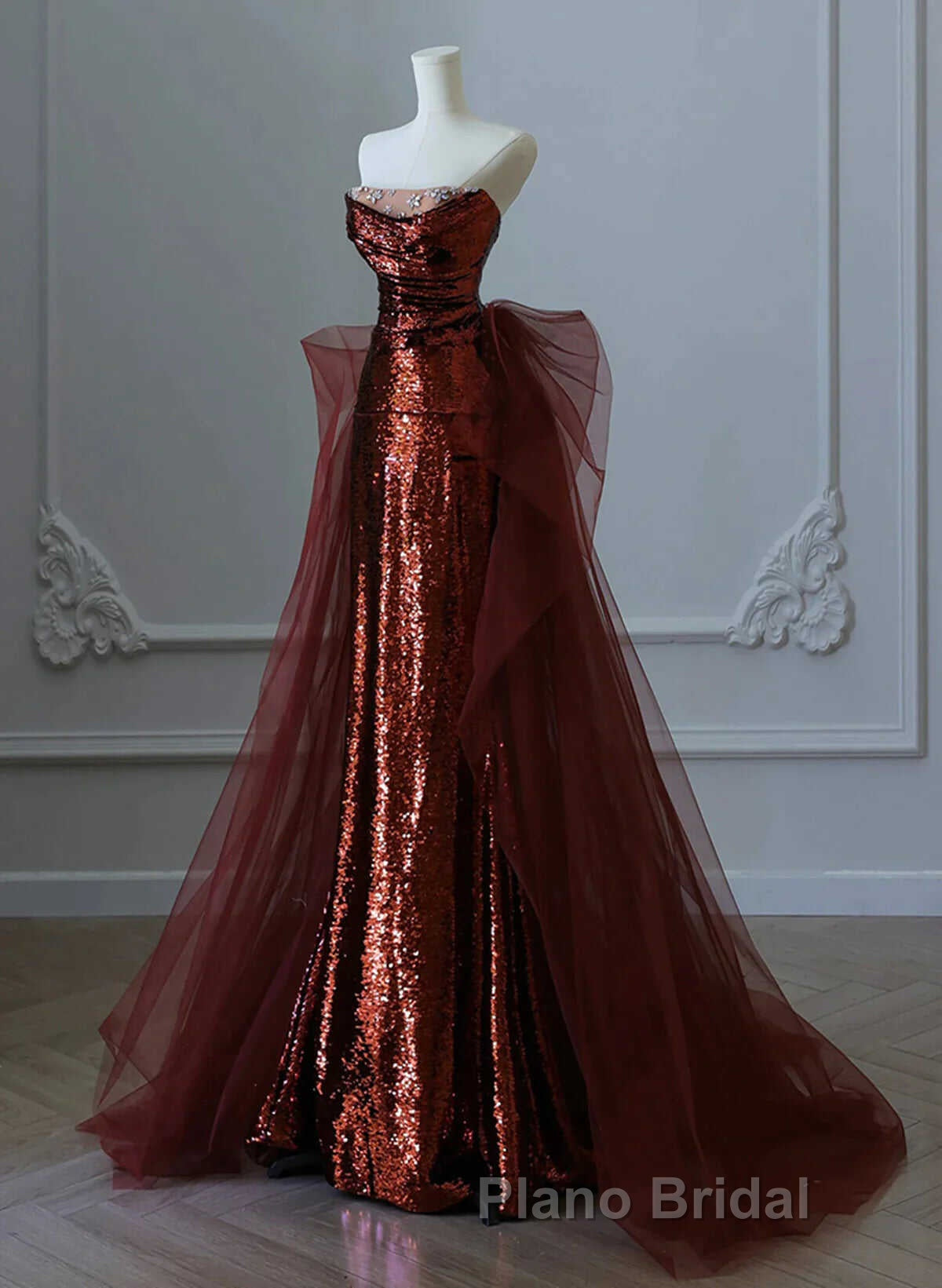 Glam Wine Red Sequins And Tulle Long Party Dress, Wine Red Evening Dress Formal Prom Dress Secondary image