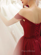 Glam Wine Red Sweetheart Tulle Shiny Long Formal Prom Dresses Party Dresses, Wine Red Formal Dresses