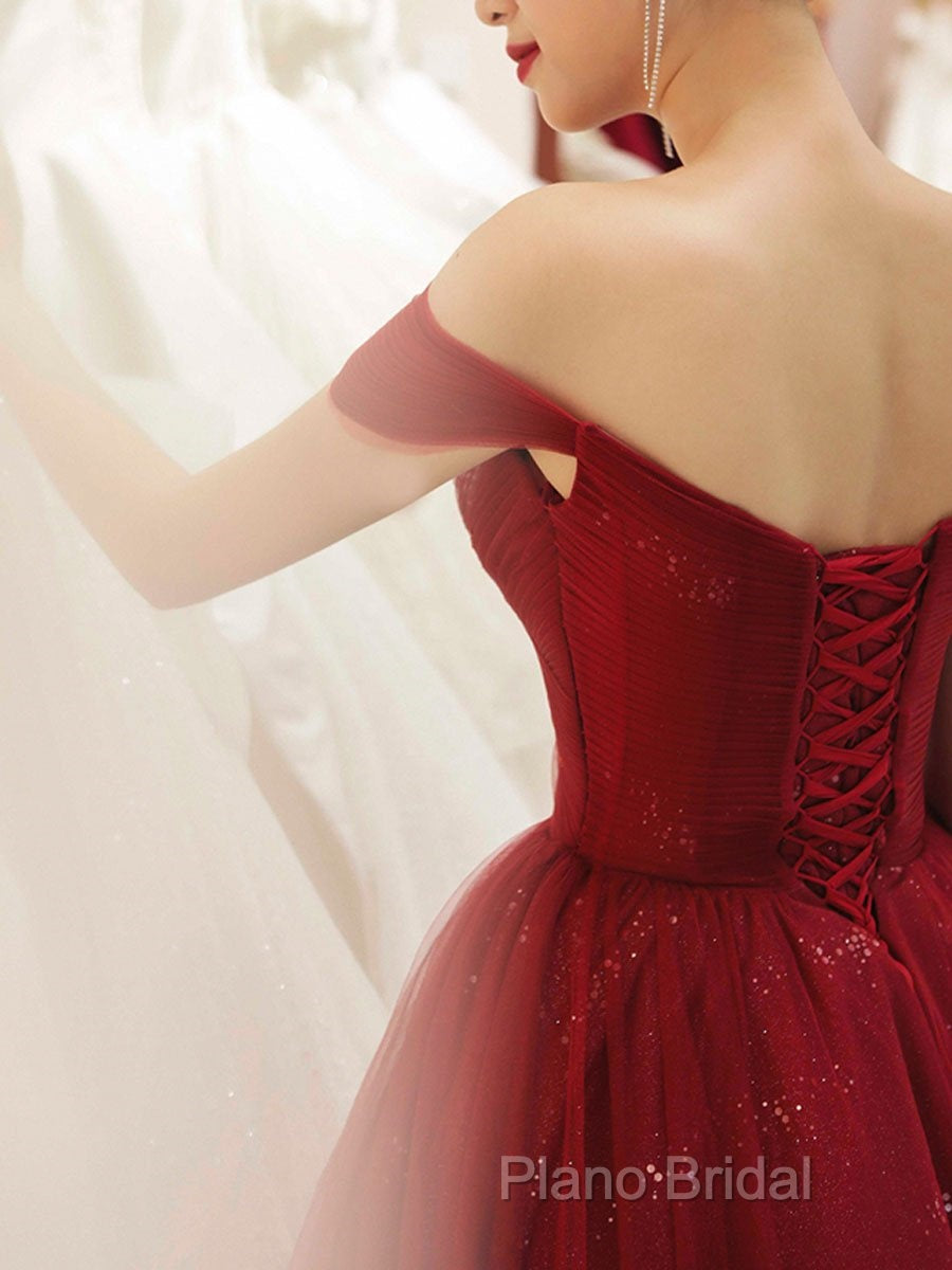 Glam Wine Red Sweetheart Tulle Shiny Long Formal Prom Dresses Party Dresses, Wine Red Formal Dresses