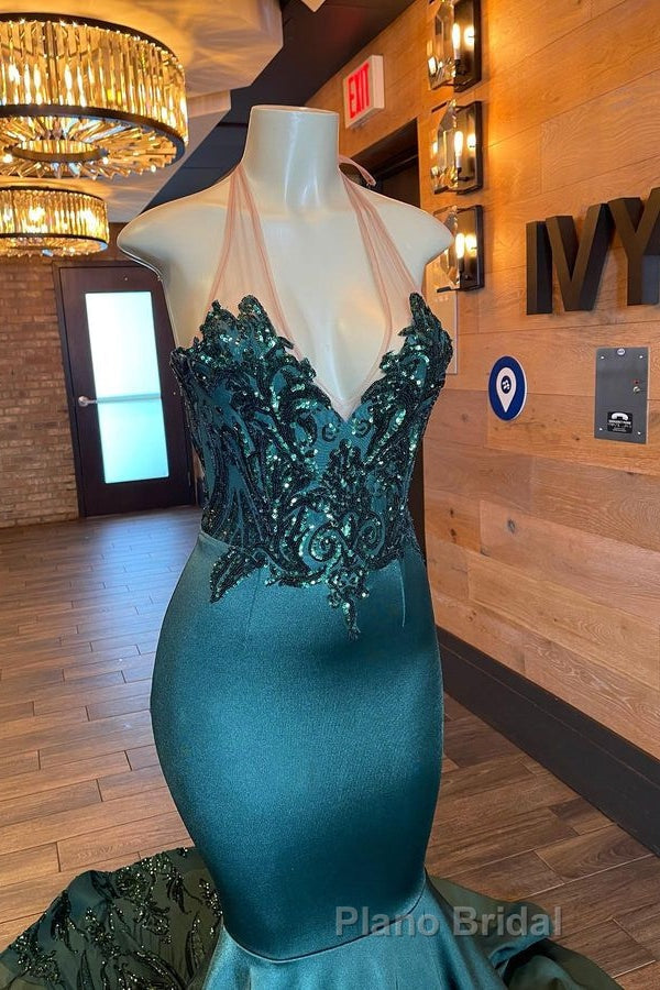 Glamorou V-Neck Sleeveless Halter Mermaid Formal Prom Dress With Beading