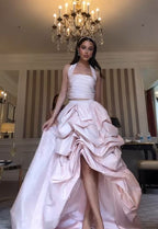 Glamorous 2 Pieces Light Pink Satin Long Formal Prom Dresses