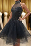 Glamorous A Line High Neck Beaded Tulle Short Black Formal Prom Dresses, Beaded Black Homecoming Dresses, Black Short Formal Graduation Evening Dresses