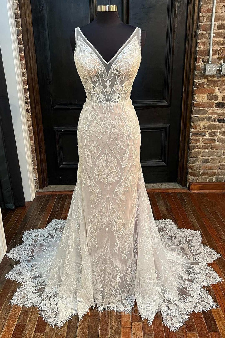 Glamorous Beige Lace V-Neck Backless Mermaid Long Wedding Dresses Sexy